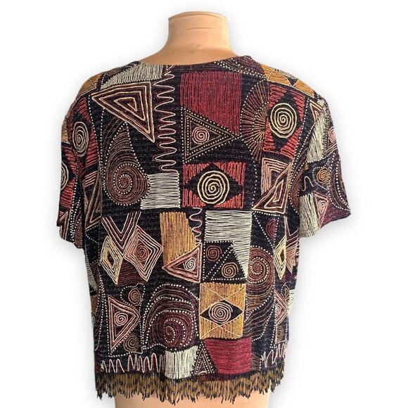 Vintage Beaded Abstract Tribal Art Cardigan Tank Set Burgundy Black Large - Picture 3 of 13